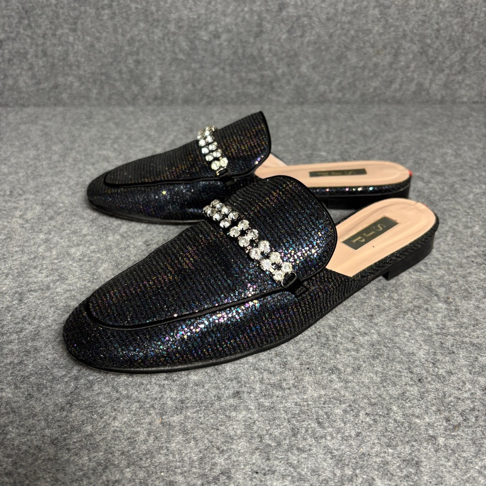 SJP Rhinestone Crystal Black Shimmer Mule Loafers Slip On Flats Shoes Womens‎ 40 - Picture 2 of 9